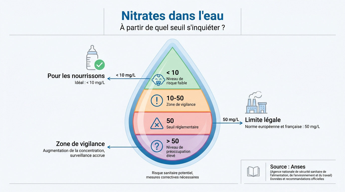 Tableau des seuils de danger des nitrates dans l'eau potable pour les nourrissons et les adultes