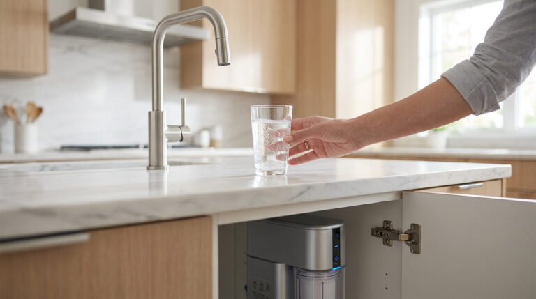 Une personne tenant un verre d'eau propre devant un robinet avec un osmoseur installé sous le plan de travail.