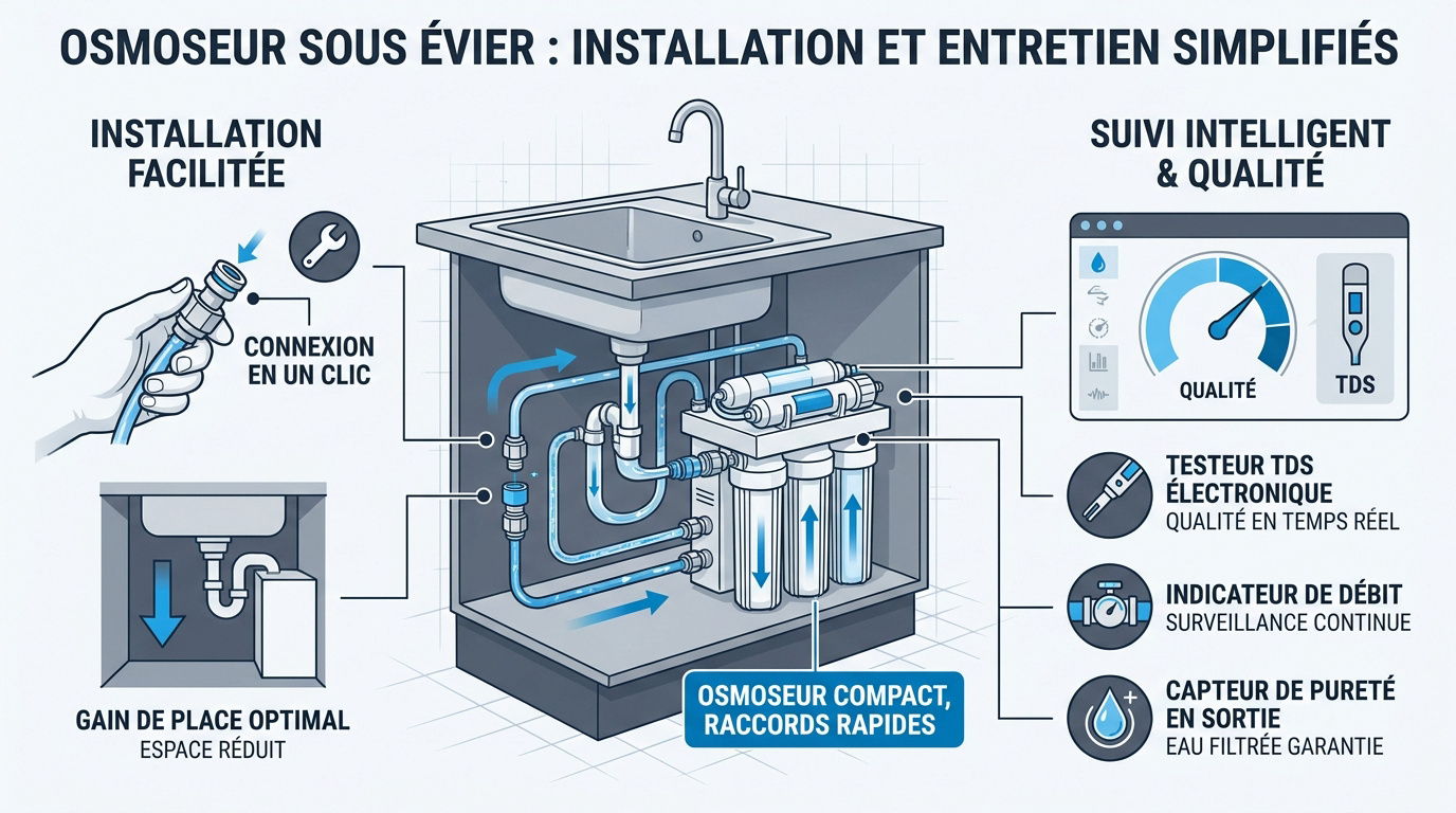 Installation d'un osmoseur compact sous un évier de cuisine avec raccords rapides