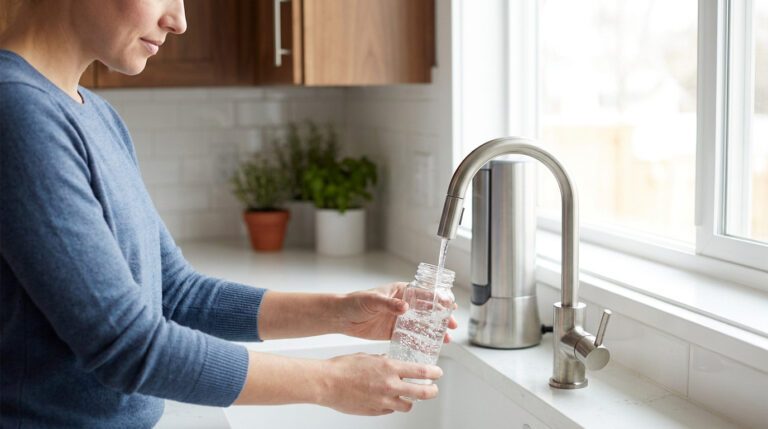 Une femme remplit une bouteille en verre avec de l'eau filtrée à l'aide d'un robinet moderne dans une cuisine.