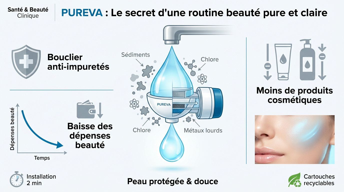 Filtre Pureva installé sur un robinet de salle de bain pour une eau purifiée