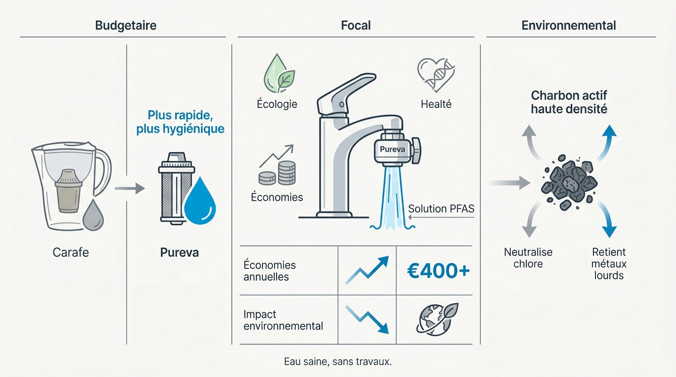Système de filtration d'eau Pureva installé sur un robinet de cuisine moderne
