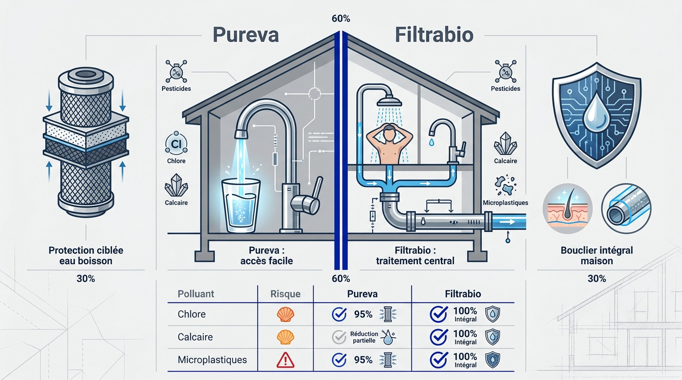Comparatif entre le filtre sur robinet Pureva et le raffineur d'eau centralisé Filtrabio
