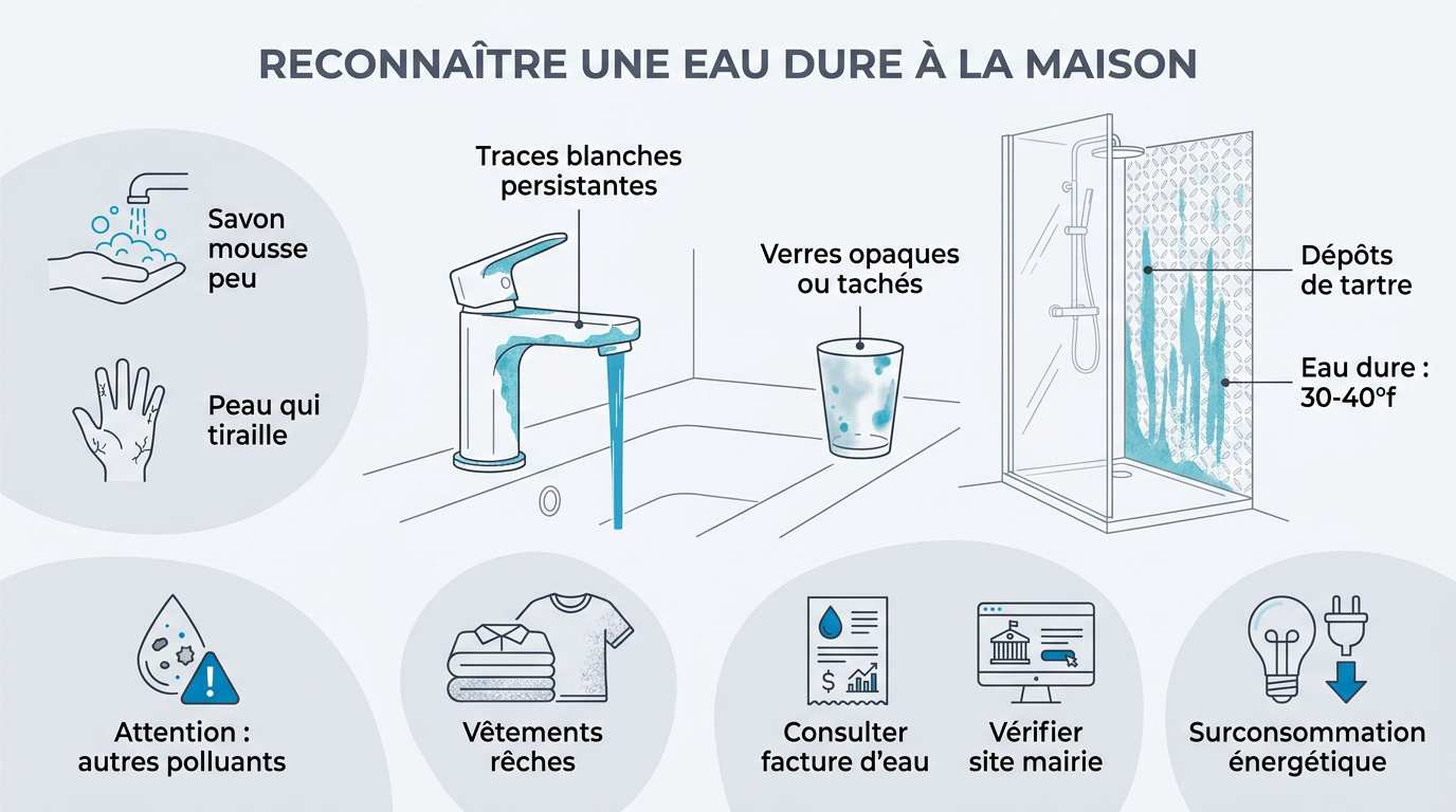 Traces de calcaire blanches sur un robinet de cuisine illustrant une eau dure