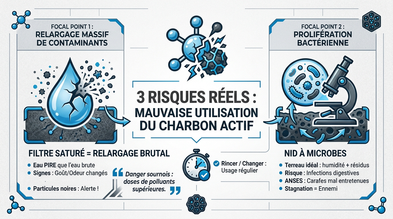 Illustration des risques de contamination d'un filtre à eau saturé