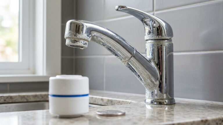 Robinet chromé entartré et filtre à eau posé sur un plan de travail.