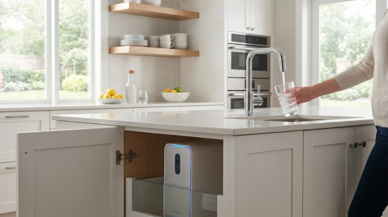 Personne remplissant un verre d'eau sous un robinet avec un osmoseur domestique installé dans le placard de cuisine.