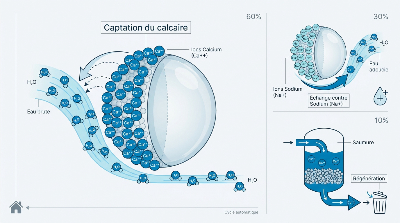 Schéma technique du fonctionnement d'un adoucisseur d'eau par échange d'ions