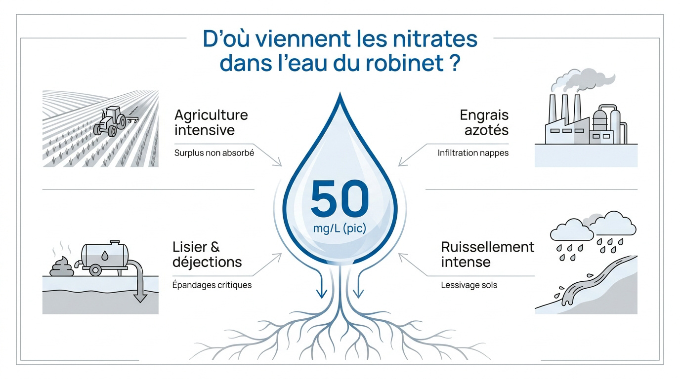 Schéma des sources de pollution aux nitrates dans le cycle de l'eau