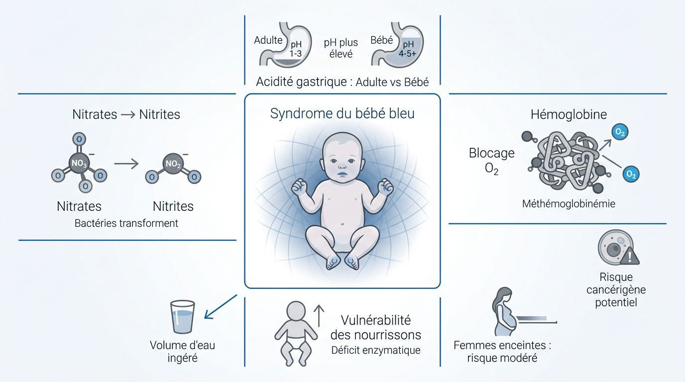 Illustration des risques de la méthémoglobinémie chez le nourrisson liée aux nitrates