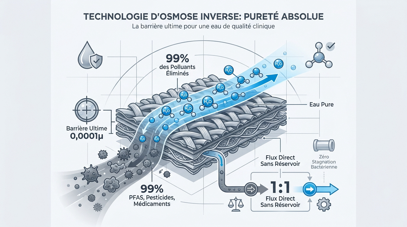 Schéma technique de la membrane d'osmose inverse filtrant les polluants à l'échelle moléculaire