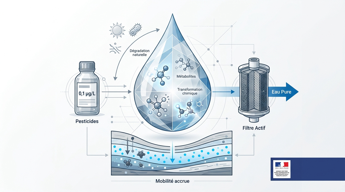 Schéma du traitement des pesticides et métabolites dans l'eau potable