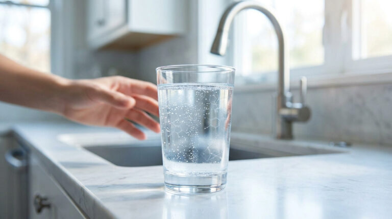 Verre d'eau posé sur un comptoir de cuisine, avec des structures chimiques de pesticides superposées.