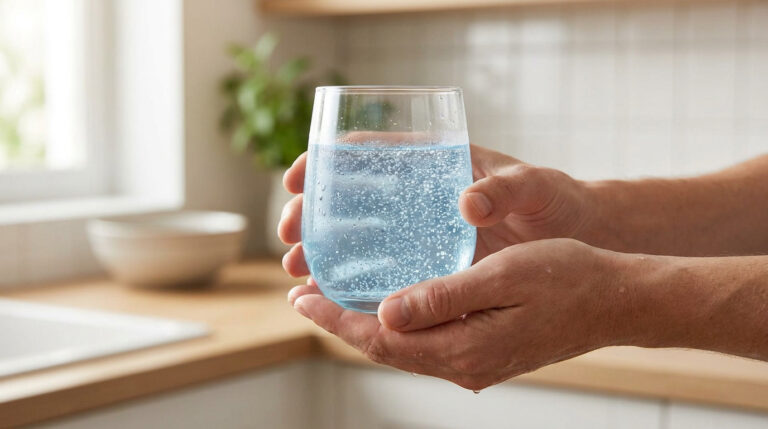 Mains tenant un verre d'eau gazeuse fraîche dans une cuisine lumineuse.