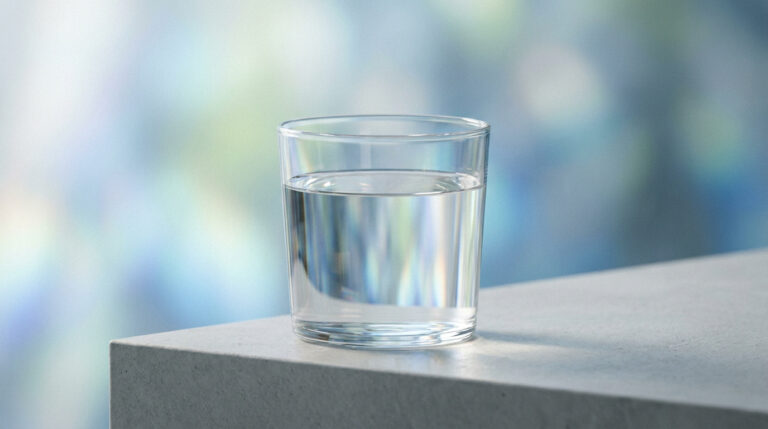 Un verre d'eau limpide posé sur une surface plane avec un arrière-plan bleu doux et flou.