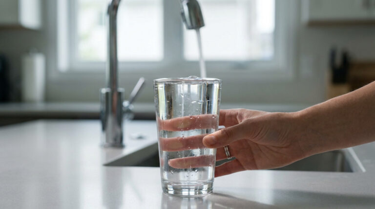 Une main tenant un verre d'eau sous un robinet de cuisine.