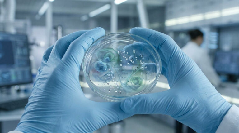 Gros plan sur des mains gantées de bleu tenant une boîte de Petri contenant des échantillons biologiques en laboratoire.