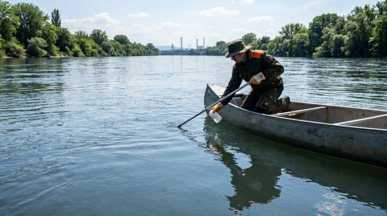 Un scientifique prélève un échantillon d'eau du Rhône depuis un canoë pour analyser la présence de polluants PFAS.