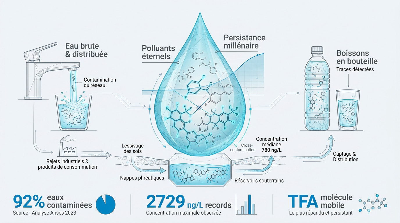 Schéma de la contamination des ressources en eau par les polluants éternels PFAS