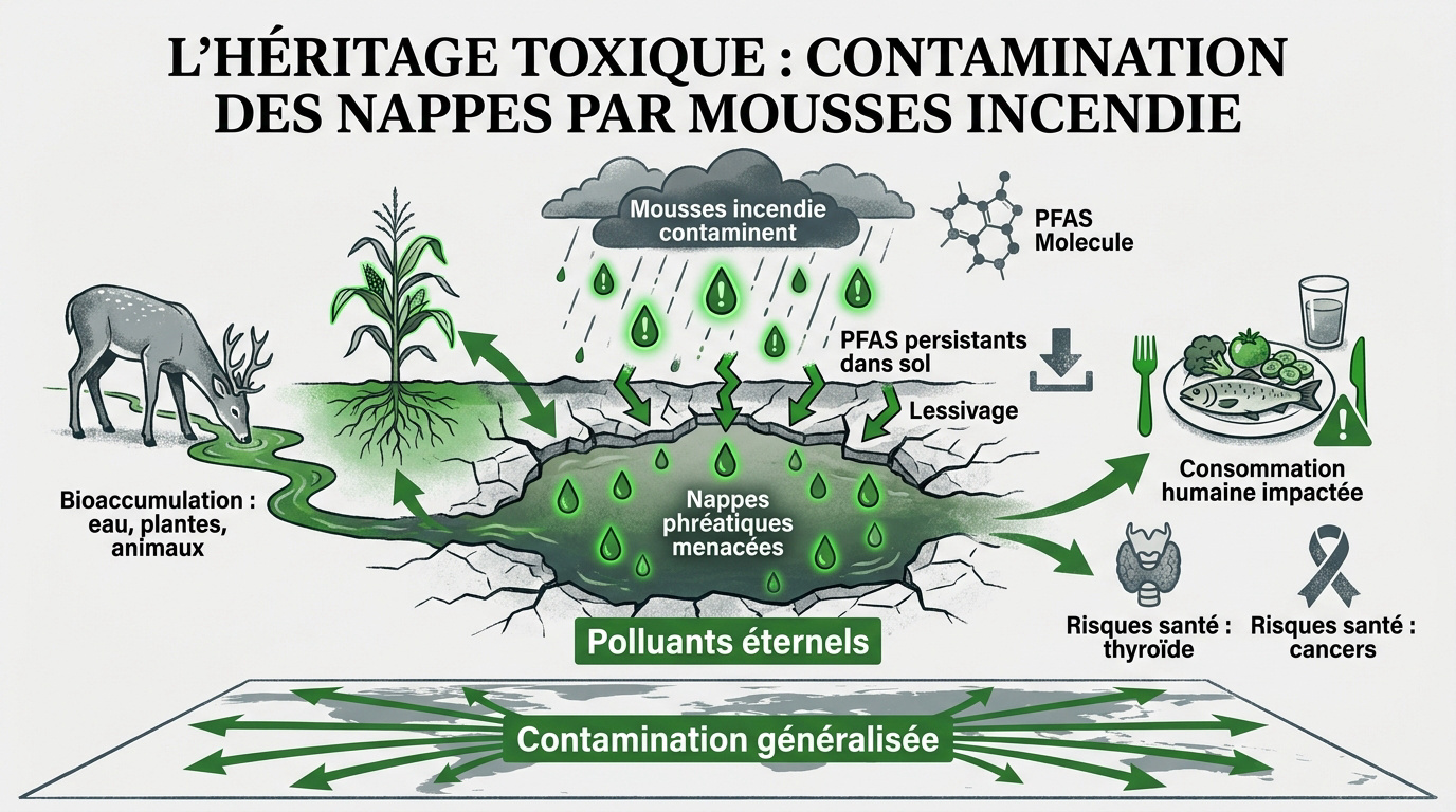 Schéma de la contamination des nappes phréatiques par les mousses incendie PFAS