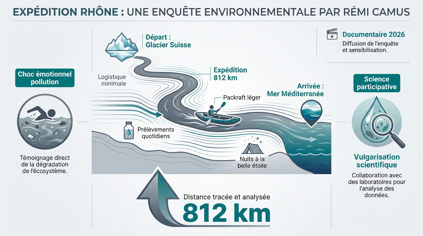 Rémi Camus en packraft sur le Rhône pour son expédition scientifique sur les PFAS