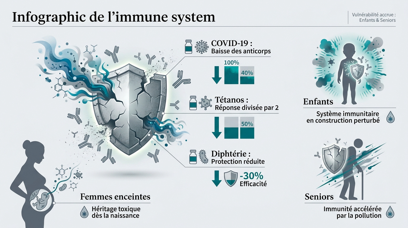 Schéma illustrant l'impact des polluants PFAS sur la réponse immunitaire humaine