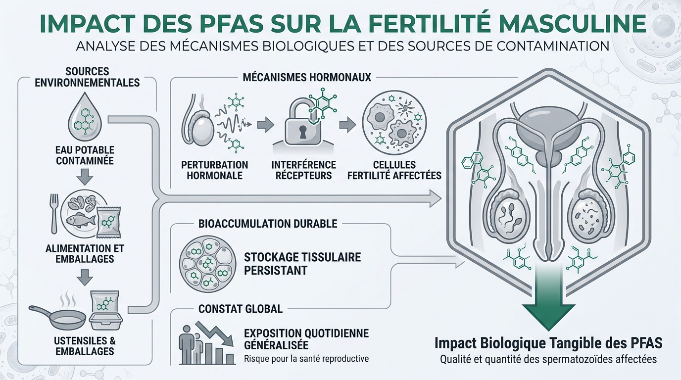 Représentation symbolique de l'impact des polluants PFAS sur le système reproducteur masculin et les spermatozoïdes