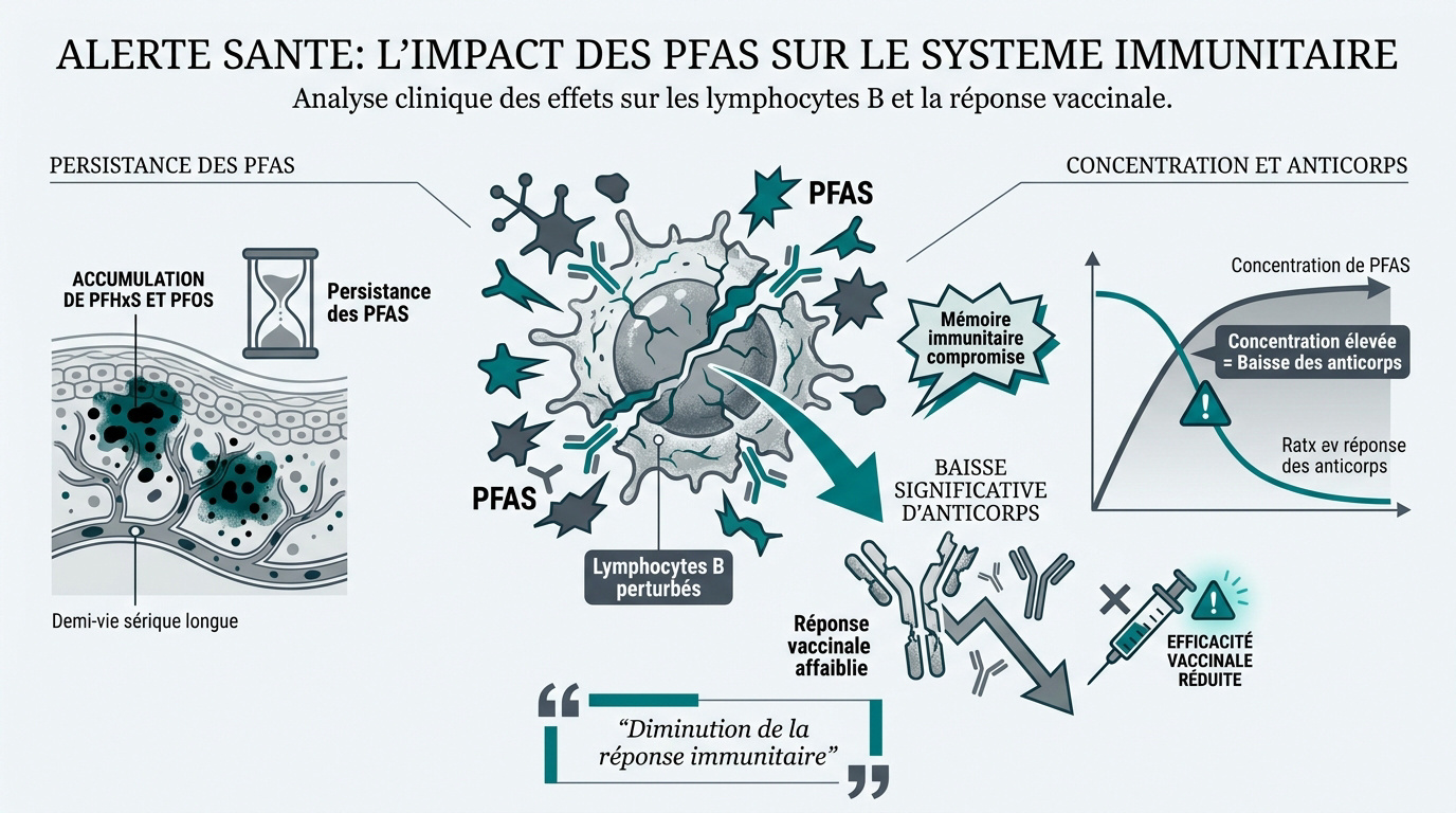 Schéma illustrant l'impact négatif des polluants PFAS sur la réponse immunitaire humaine