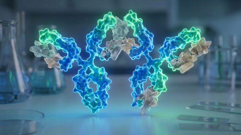 Représentation 3D d'une molécule d'anticorps lumineuse dans un laboratoire scientifique.