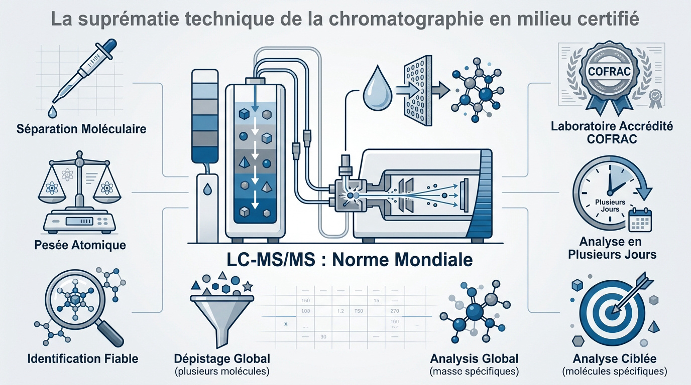 Analyse de l'eau par chromatographie liquide couplée à la spectrométrie de masse en laboratoire certifié