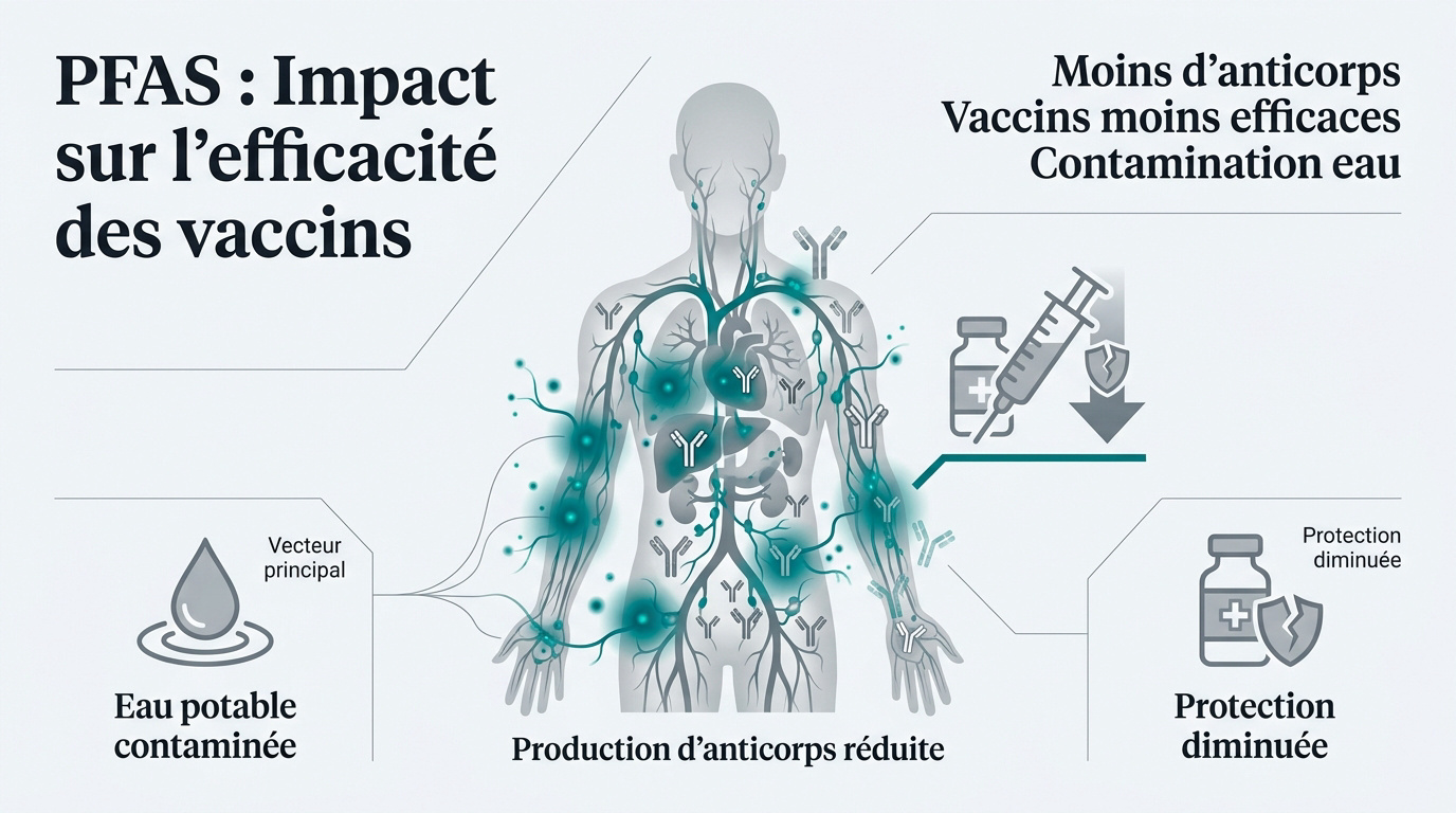 Représentation de l'impact des polluants PFAS sur le système immunitaire et l'efficacité vaccinale