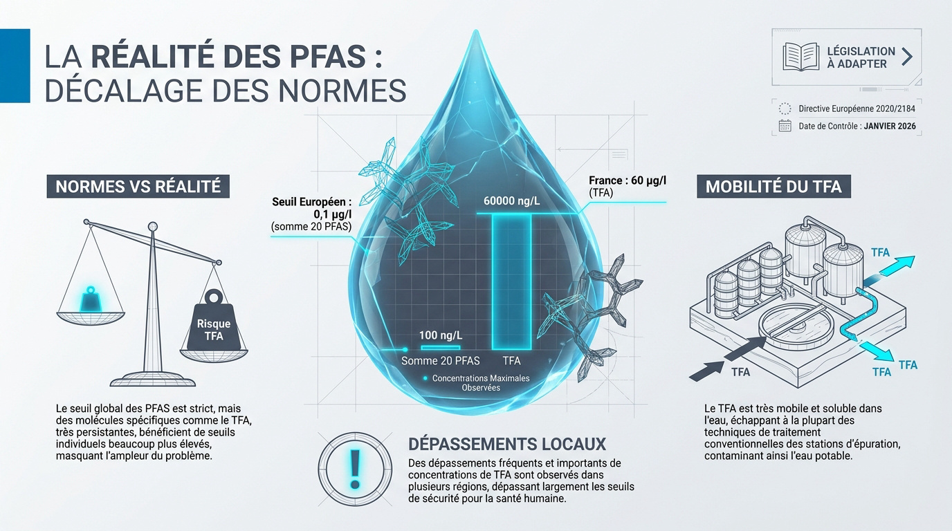 Graphique illustrant le décalage entre les seuils réglementaires des PFAS et les risques sanitaires réels