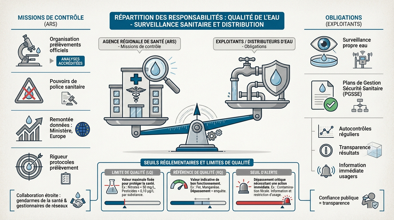 Schéma de la répartition des responsabilités entre ARS et distributeurs d'eau pour le contrôle des PFAS