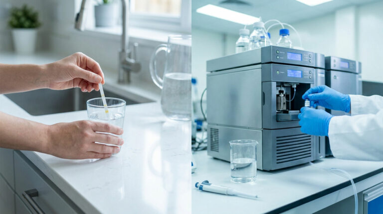 Comparaison entre un test d'eau domestique par bandelette et une analyse professionnelle en laboratoire scientifique.