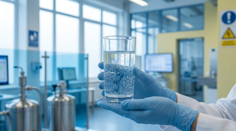 Un scientifique en gants bleus tenant un verre d'eau pétillante dans un laboratoire moderne.