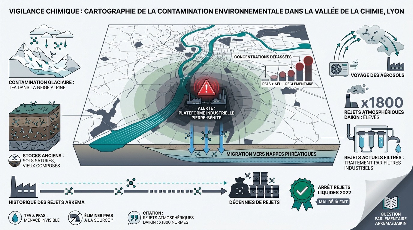 Surveillance de la pollution industrielle et des PFAS dans la vallée de la chimie au sud de Lyon