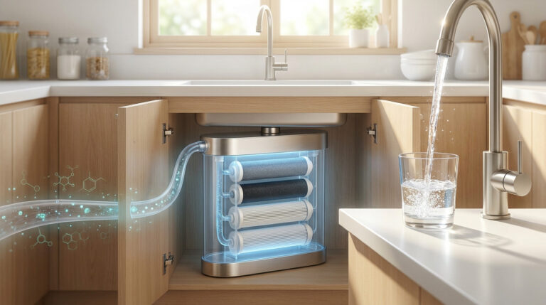 Schéma illustrant un système de filtration d'eau sous évier éliminant les particules chimiques dans une cuisine.