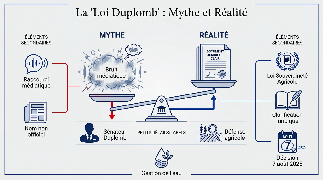 Infographie expliquant la différence entre la loi de souveraineté agricole et le mythe de la loi Duplomb eau