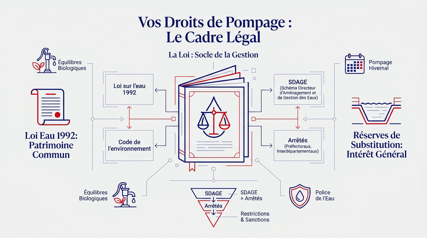 Schéma explicatif des réglementations sur le pompage de l'eau et les réserves agricoles