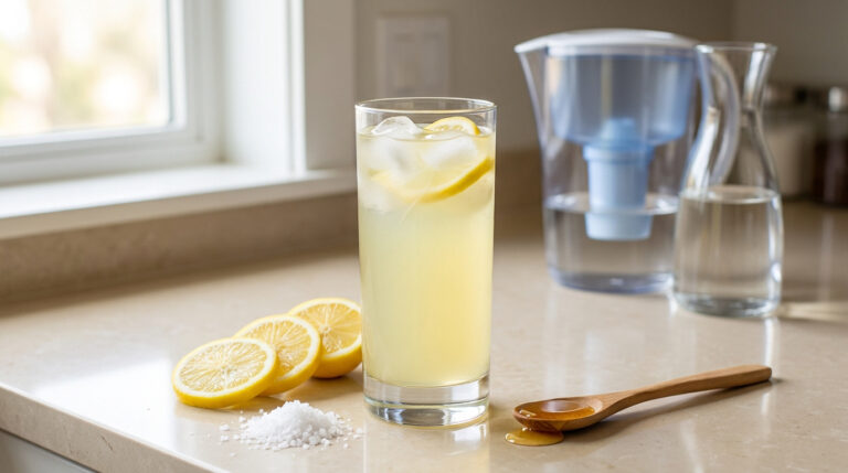 Un verre de boisson aux électrolytes avec citron et glaçons, accompagné de sel et de miel sur un comptoir.