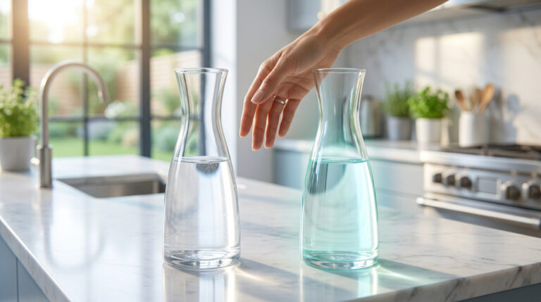 Une main s'approche de deux carafes en verre remplies d'eau sur un plan de travail dans une cuisine lumineuse.