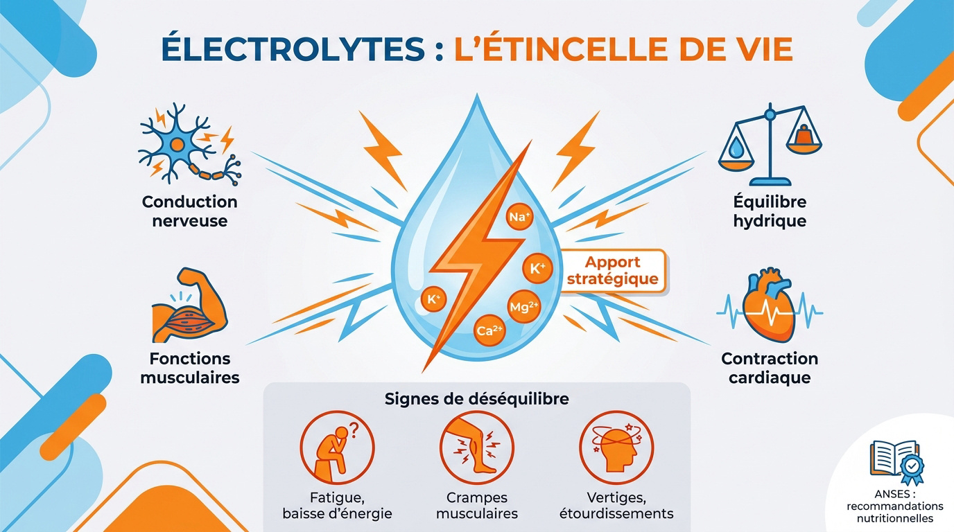 Représentation visuelle des électrolytes essentiels pour l'équilibre du corps humain