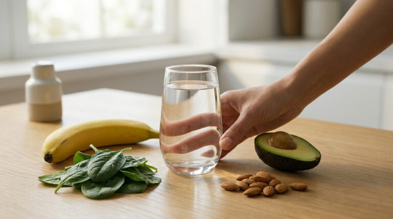 Une main saisit un verre d'eau entouré d'aliments riches en électrolytes : banane, épinards, avocat et amandes.