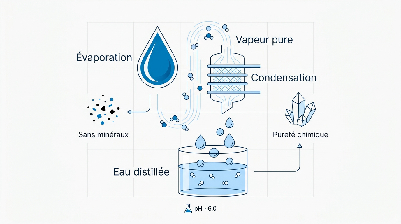 Infographie expliquant le cycle de la distillation de l'eau par évaporation et condensation