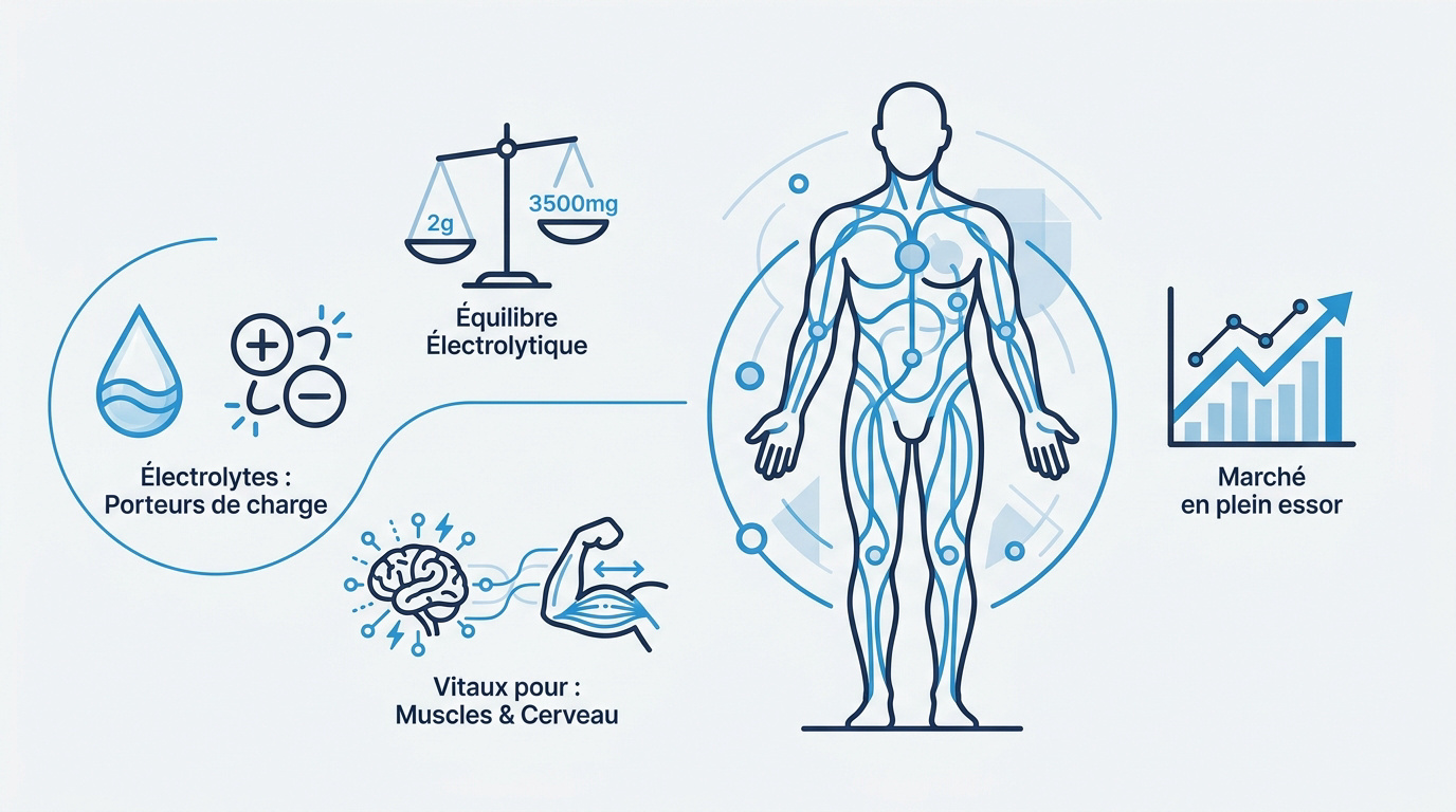 Infographie expliquant le rôle des électrolytes sodium, potassium et magnésium dans l'équilibre hydrique du corps humain