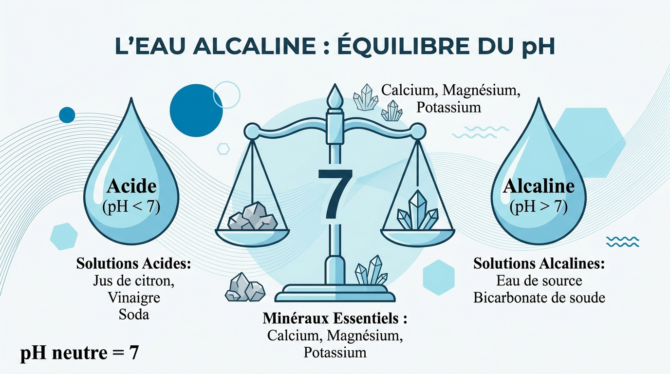 Schéma explicatif de l'échelle de pH et de l'équilibre de l'eau alcaline