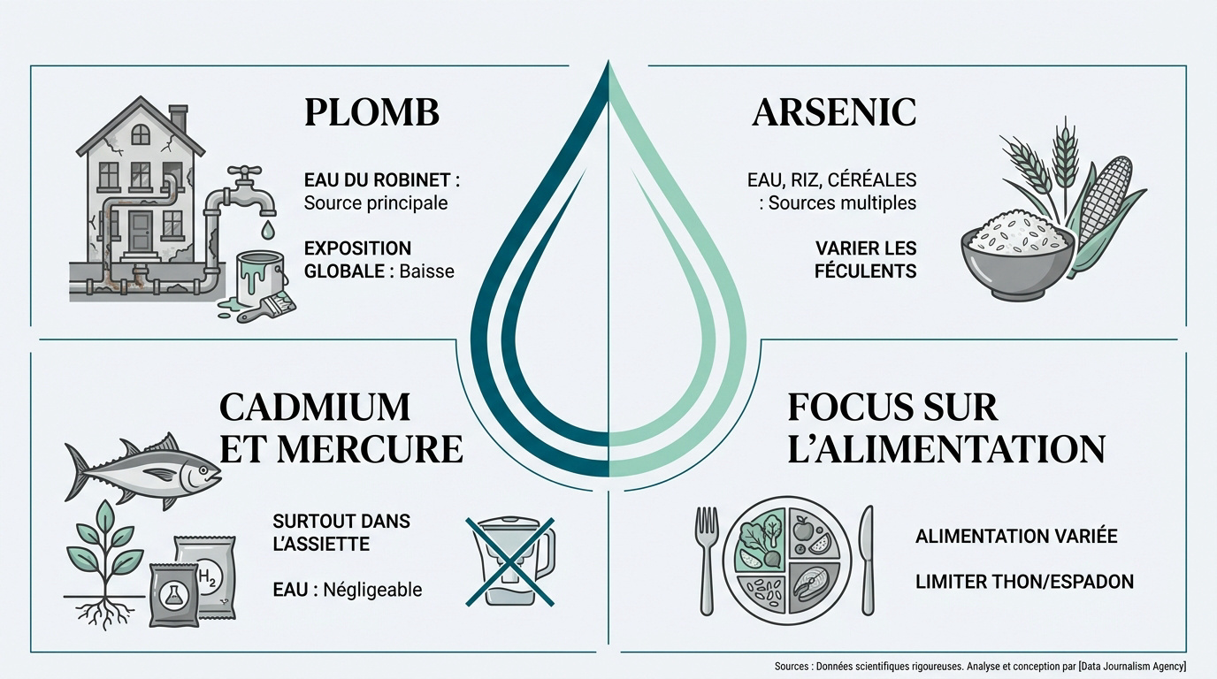 Schéma des sources d'exposition aux métaux lourds entre l'eau et l'alimentation