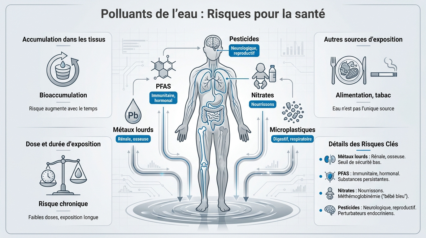 Illustration des risques sanitaires liés aux polluants de l'eau potable comme les métaux lourds et les PFAS