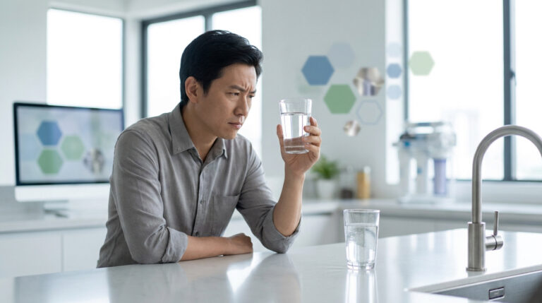 Un homme regarde avec méfiance un verre d'eau dans sa cuisine, illustrant les préoccupations sur les polluants chimiques.