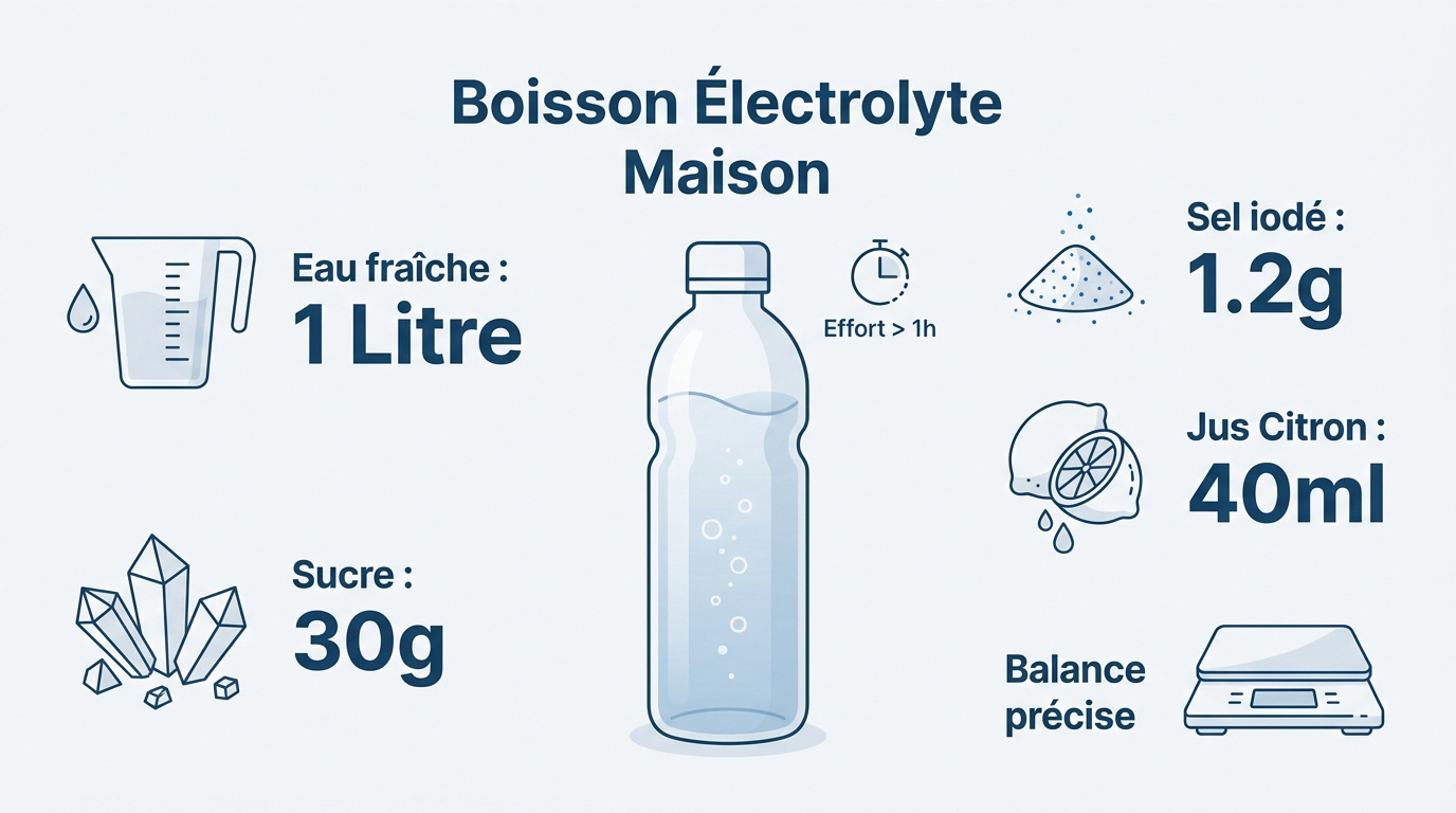 Ingrédients naturels pour préparer une boisson électrolyte maison avec du citron et du sel